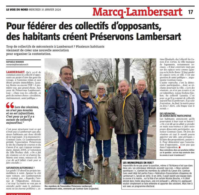 La Voix du Nord annonce la création de l'association Préservons Lambersart