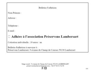 Bulletin d'adhésion à l'association Préservons Lambersart