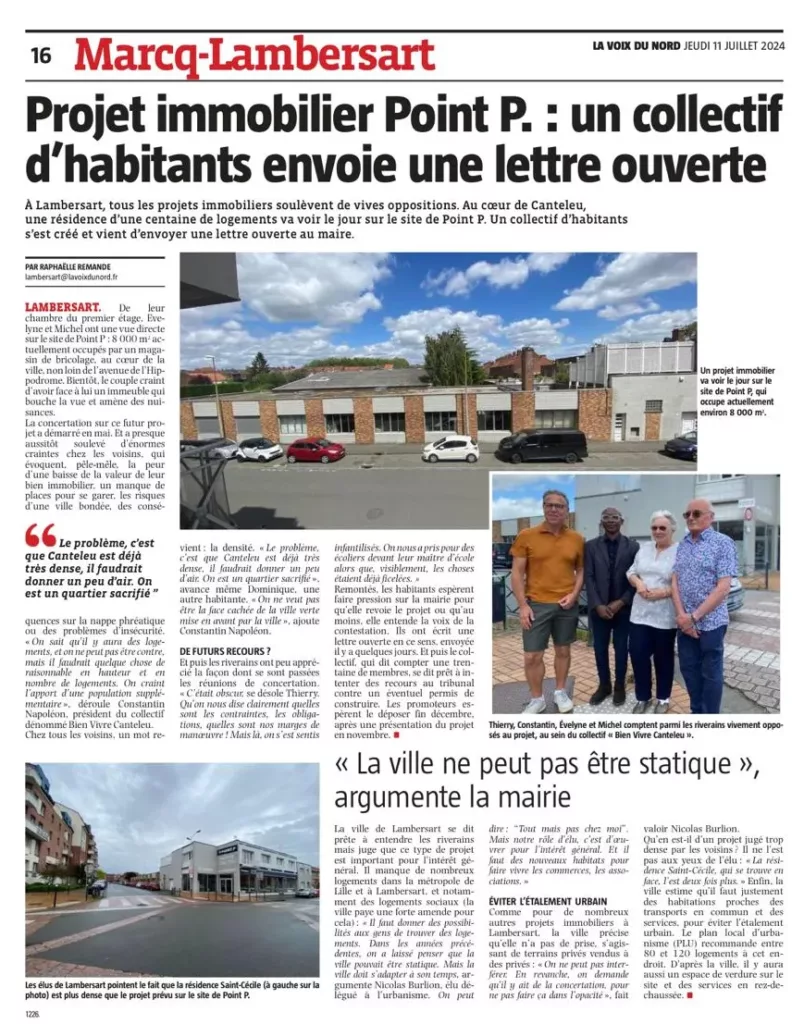 article de la Voix du Nord sur le projet immobilier à Lambersart quartier Canteleu