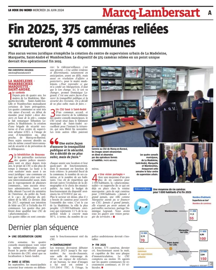 Article de la Voix du Nord de juin 2024 sur la vidéosurveillance