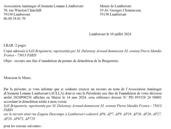 recours au nom de l’Association Aménager aUtrement Lomme Lambersart (AULLA)